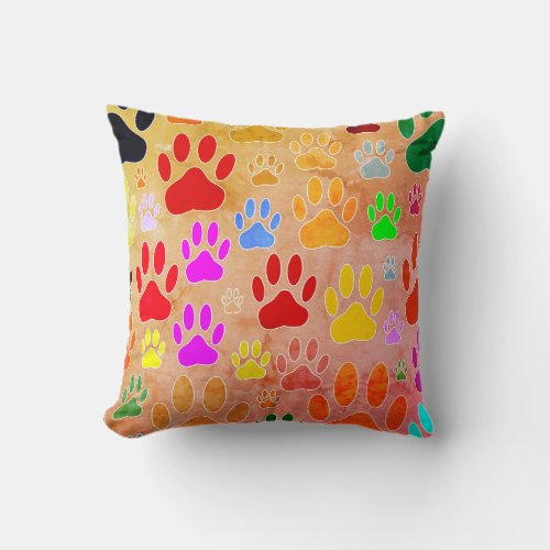 Dog Paw Prints On Vintage Background Throw Pillow