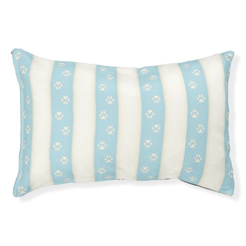 Dog Paw Prints onPale Blue  Antique White Stripes Pet Bed