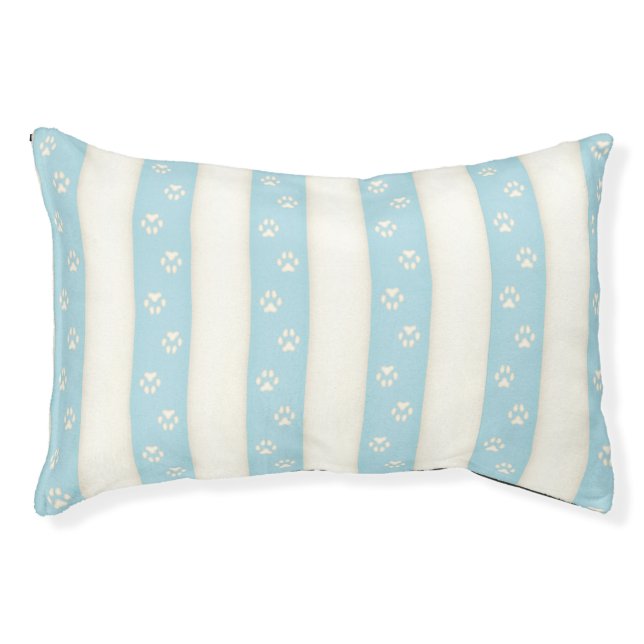 Dog Paw Prints onPale Blue & Antique White Stripes Pet Bed (Front)