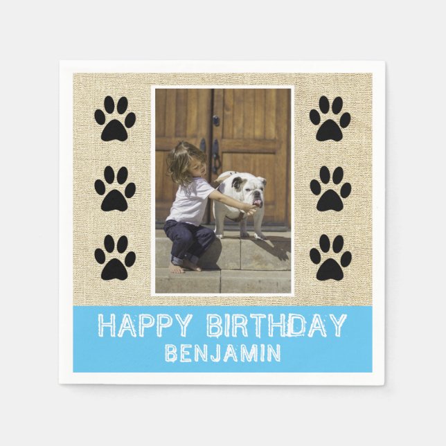 Dog Paw Prints Photo Kids Birthday Party Napkins (Front)