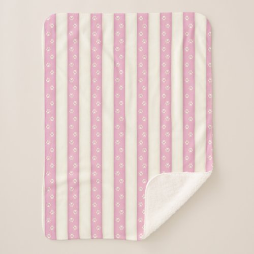Dog Paw Prints Pink  Antique White Stripes Sherpa Blanket