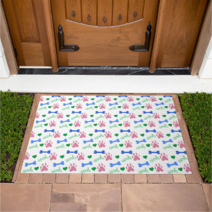 Dog Paw Prints Pink Bones Blue Green Hearts Woof  Doormat