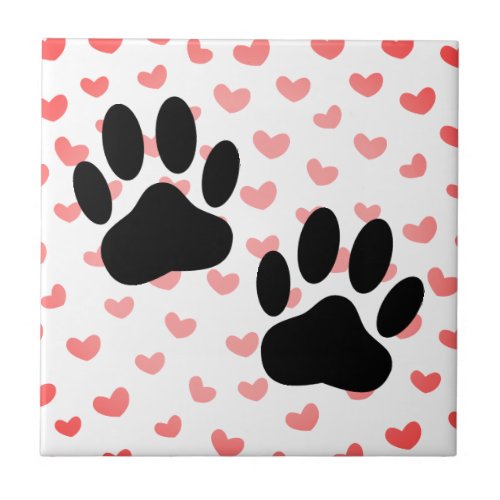 Dog Paw prints Red Hearts Tile