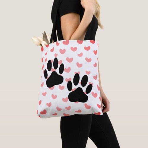 Dog Paw prints Red Hearts Tile Tote Bag
