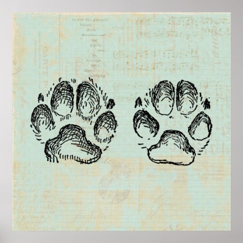 Dog Paw Prints Vintage Art Mint Green Color