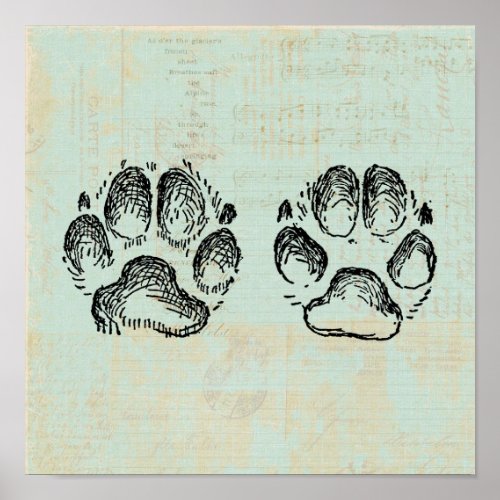 Dog Paw Prints Vintage Art Mint Green Color