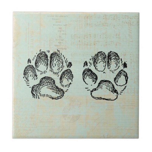 Dog Paw Prints Vintage Art Mint Green Color Ceramic Tile