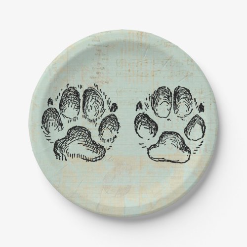 Dog Paw Prints Vintage Art Mint Green Color Paper Plates