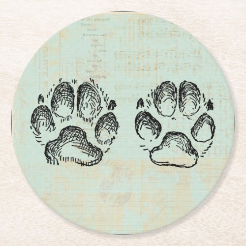 Dog Paw Prints Vintage Art Mint Green Color Round Paper Coaster