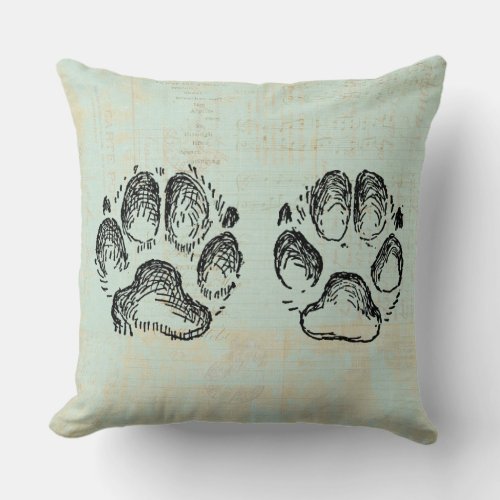 Dog Paw Prints Vintage Art Mint Green Color Throw Pillow