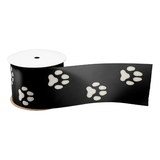 Dog Paw Prints Walking on Black 3" Satin Ribbon (Spool)