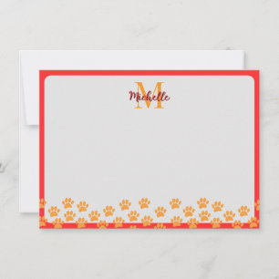 Dog Paw Prints With Custom Monogram Note Card