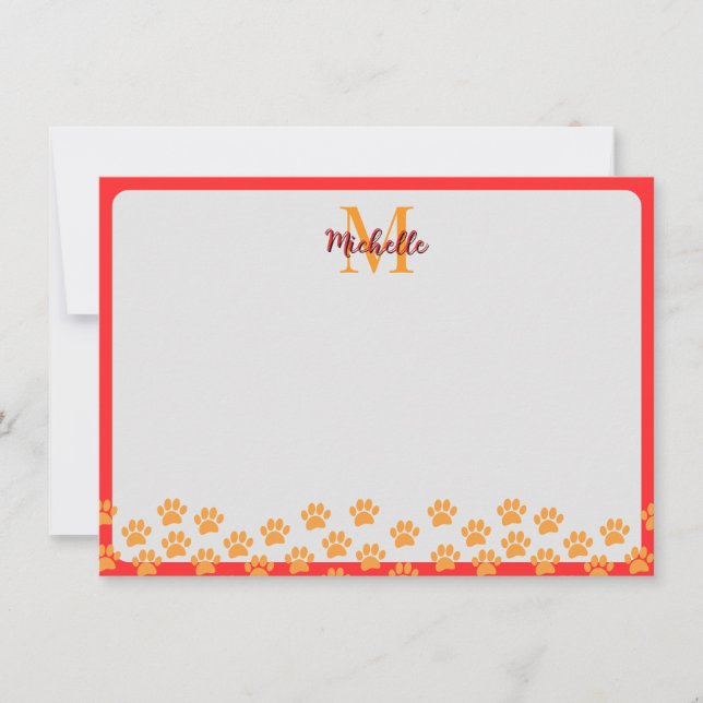 Dog Paw Prints With Custom Monogram  Note Card (Front)