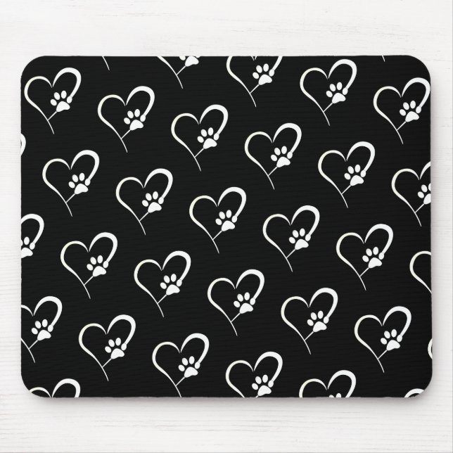 Dog Paw Prints With Heart on Black Mouse Pad (Front)