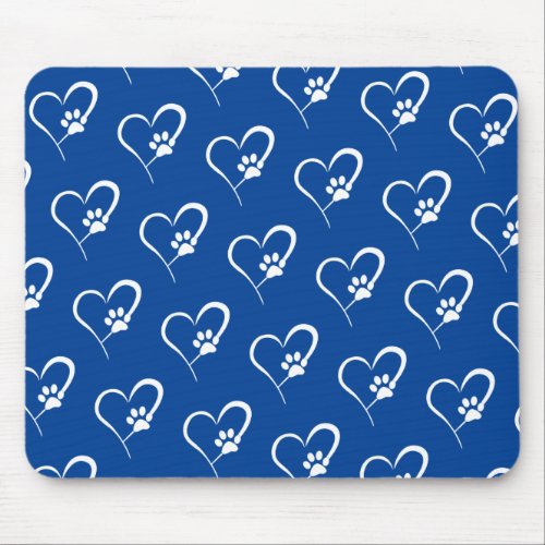 Dog Paw Prints With Heart on Blue Mouse Pad