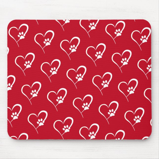 Dog Paw Prints With Heart on Red Mouse Pad (Front)
