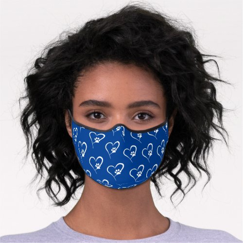 Dog Paw Prints With Hearts on Blue Premium Face Mask