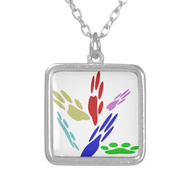 Dog Paw Prints With Polka Dots Silver Plated Necklace (Front)