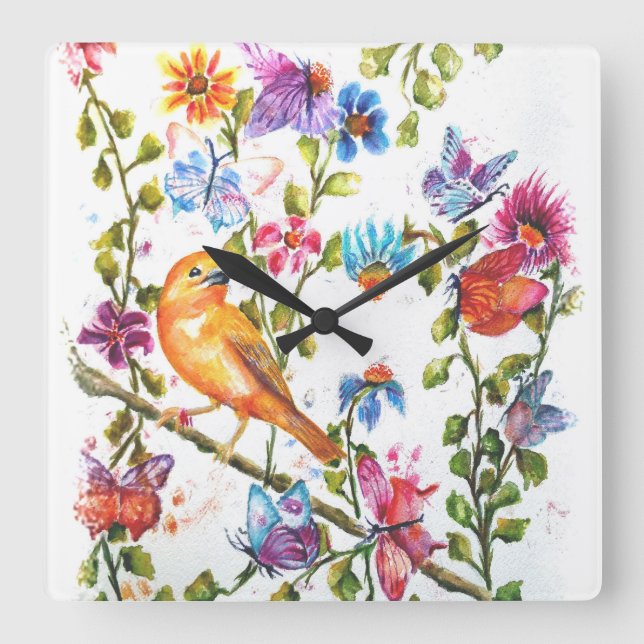 DOG PAW PRINTS YELLOW BIRD SQUARE WALL CLOCK (Front)
