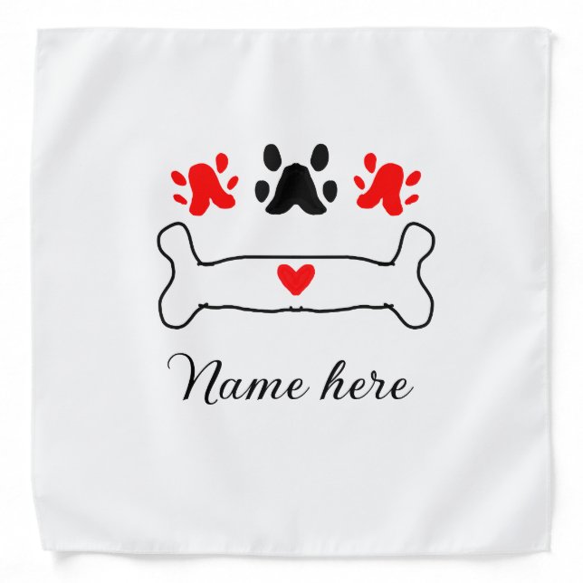 Dog paw red heart pet add name text animal paw  bandana (Front)