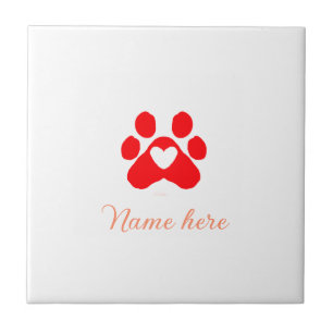 Dog paw red heart pet add name text animal paw  ceramic tile