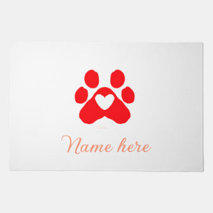 Dog paw red heart pet add name text animal paw doormat