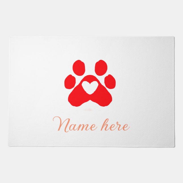 Dog paw red heart pet add name text animal paw  doormat (Front)