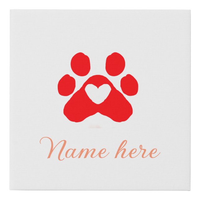 Dog paw red heart pet add name text animal paw  faux canvas print (Front)