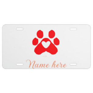 Dog paw red heart pet add name text animal paw  license plate