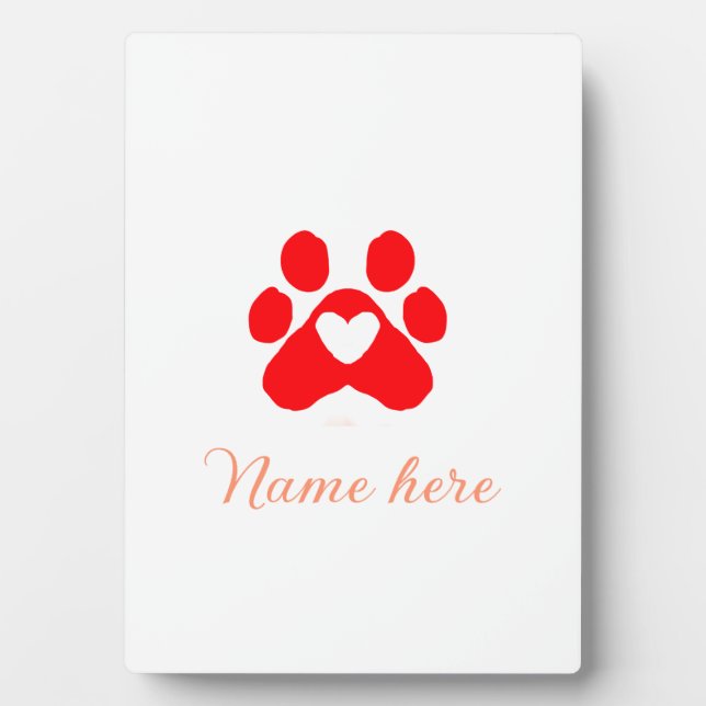 Dog paw red heart pet add name text animal paw  plaque (Front)