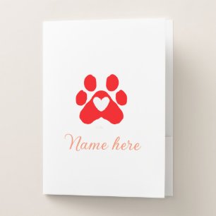 Dog paw red heart pet add name text animal paw pocket folder