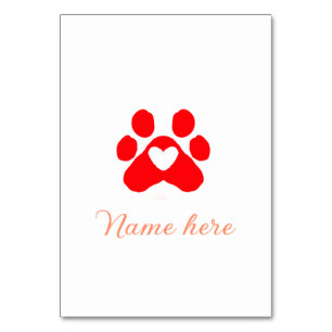 Dog paw red heart pet add name text animal paw table number