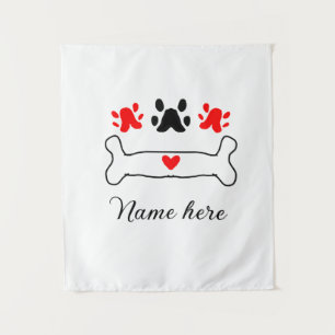 Dog paw red heart pet add name text animal paw tapestry
