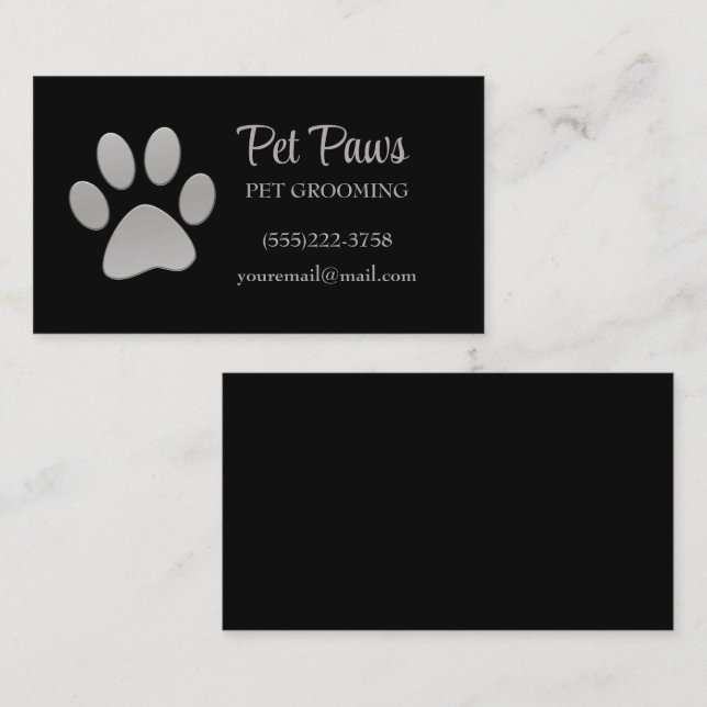 Dog Paw Silver Black Pet Grooming Service  Business Card (Front/Back)