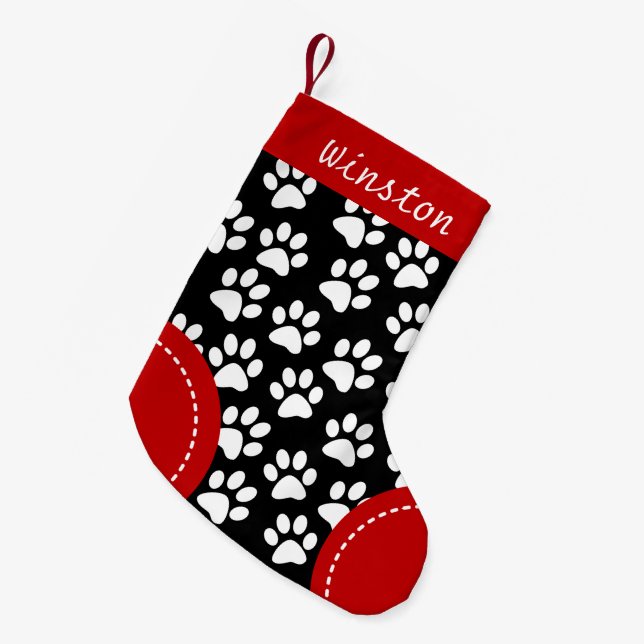Dog Paw Themed Black Personalized Christmas Small Christmas Stocking (Front (Hanging))