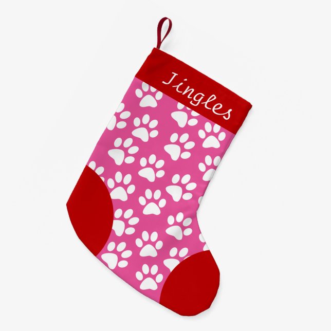Dog Paw Themed Pink Personalized Christmas Small Christmas Stocking (Front (Hanging))