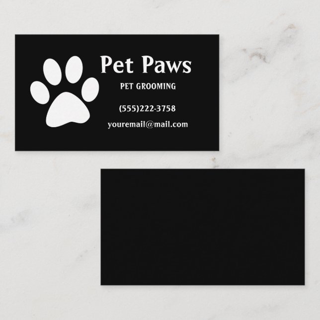 Dog Paw White Black Pet Grooming Service    Business Card (Front/Back)