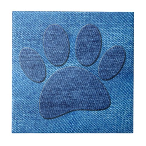 Dog Pawprint Blue Denim Pint Ceramic Tile