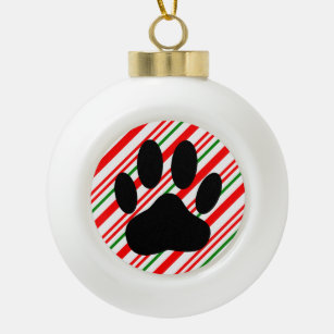 Dog Pawprint Candy Cane Ceramic Ball Christmas Ornament