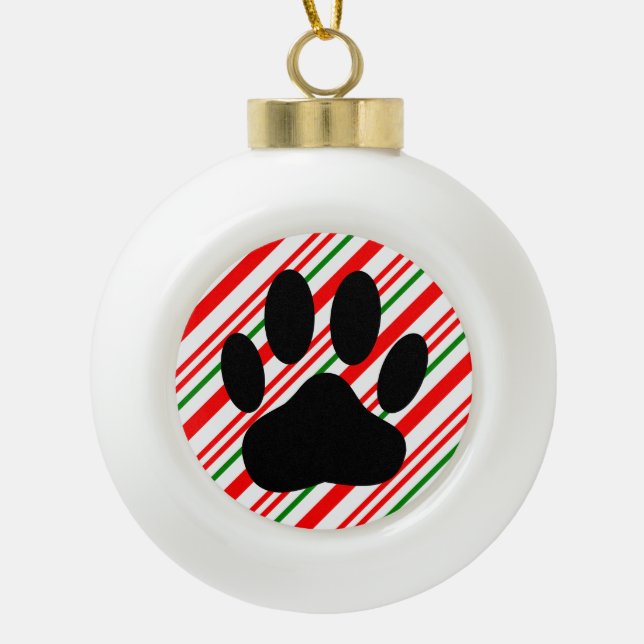 Dog Pawprint Candy Cane Ceramic Ball Christmas Ornament (Front)