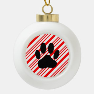 Dog Pawprint Candy Cane Ceramic Ball Christmas Ornament