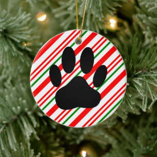 Dog Pawprint Candy Cane Ceramic Ornament