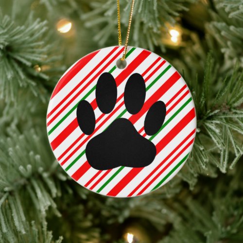 Dog Pawprint Candy Cane Ceramic Ornament