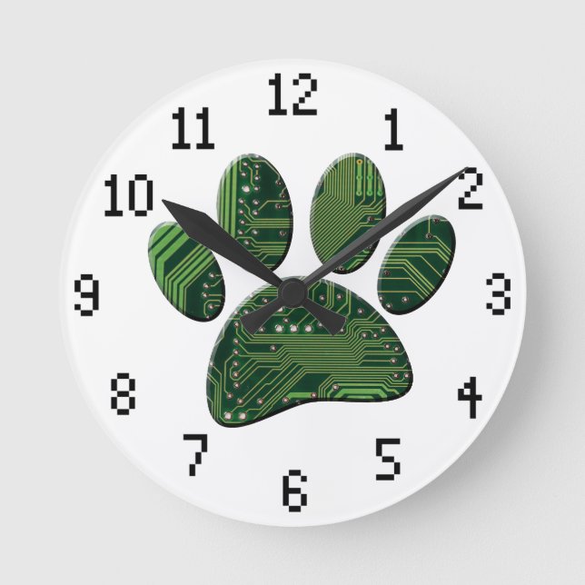 Dog Pawprint Electronic Circuit Board Round Clock (Front)