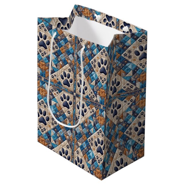 Dog Pawprint Quilt Design Medium Gift Bag (Front Angled)