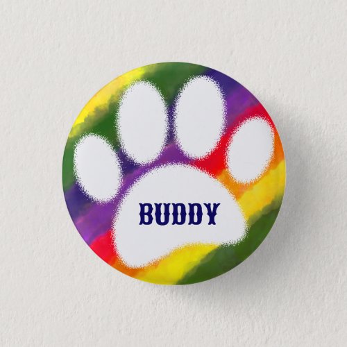 Dog Pawprint Rainbow Watercolor Custom Name Button