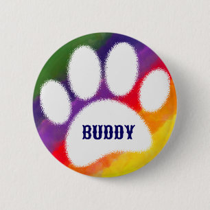 Dog Pawprint Rainbow Watercolor Custom Name Button