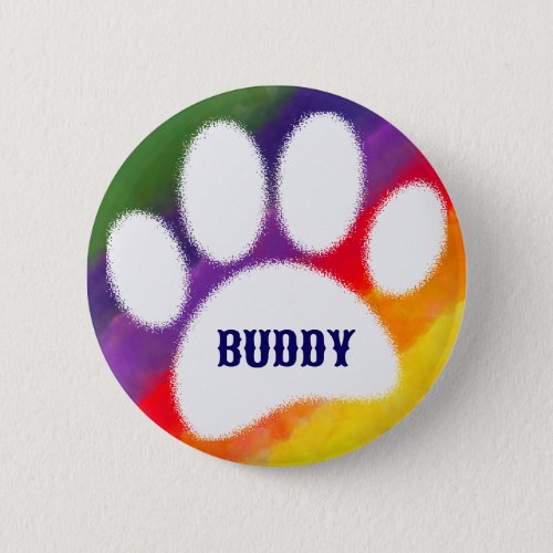 Dog Pawprint Rainbow Watercolor Custom Name Button