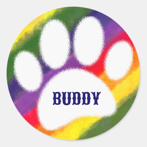 Dog Pawprint Rainbow Watercolor Custom Name Classic Round Sticker
