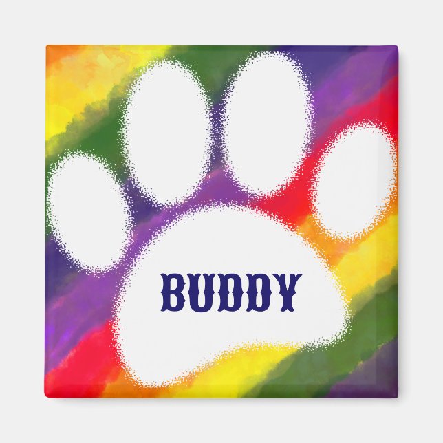 Dog Pawprint Rainbow Watercolor Custom Name Magnet (Front)